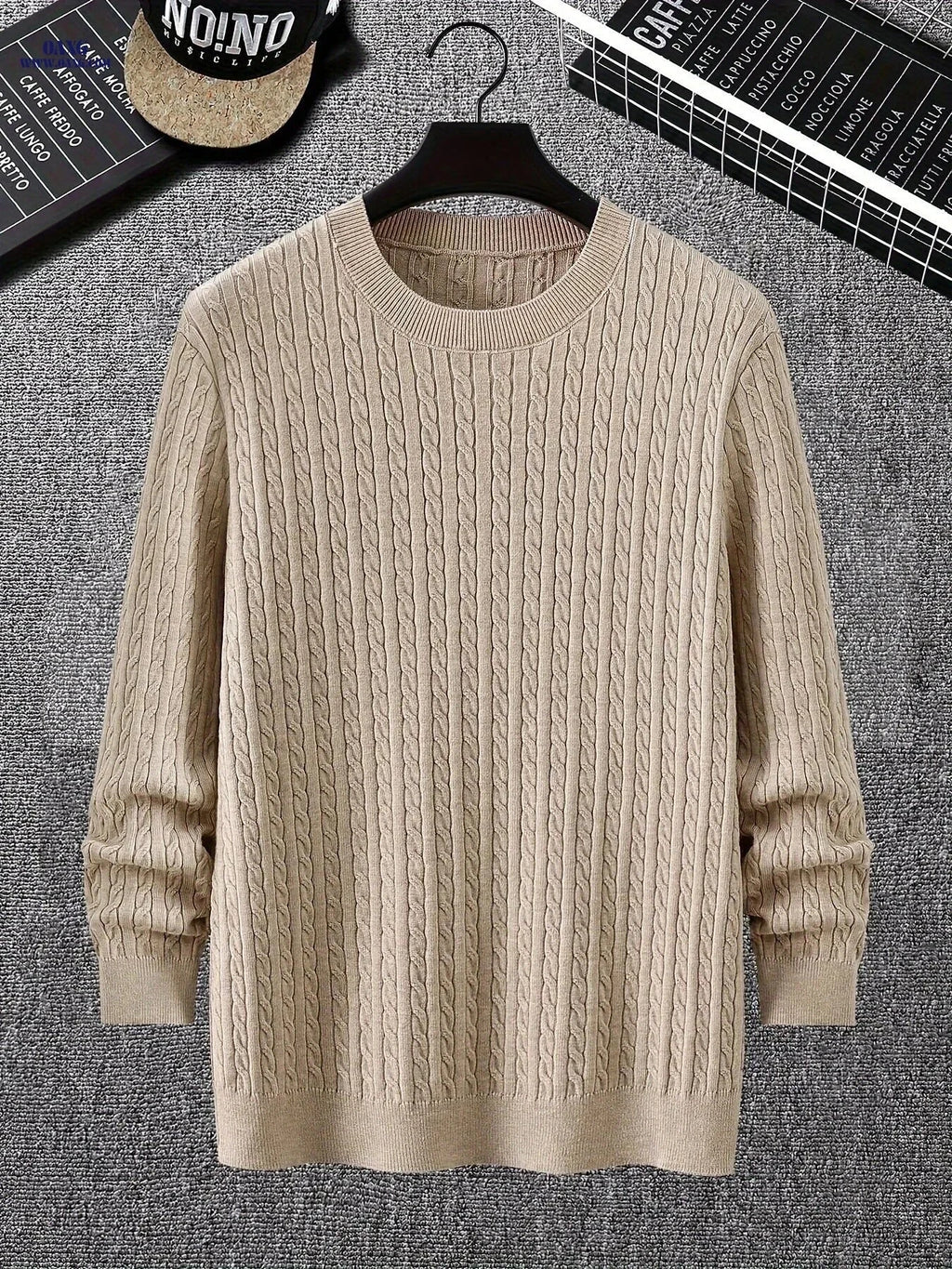 Men's Fitted Round Neck Cable Knit Sweater - Casual and Stylish   OAXG 