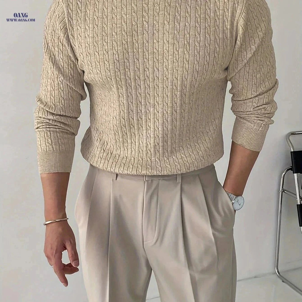 Men's Fitted Round Neck Cable Knit Sweater - Casual and Stylish   OAXG Apricot / FR S