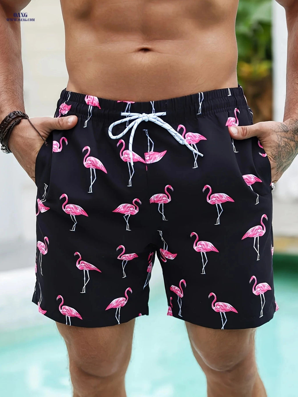 Men's Flamingo Print Gradient Beach Shorts - Casual Drawstring Style   OAXG 
