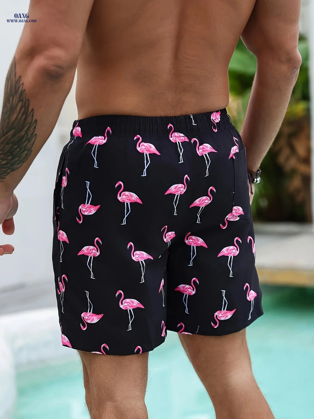 Men's Flamingo Print Gradient Beach Shorts - Casual Drawstring Style   OAXG 