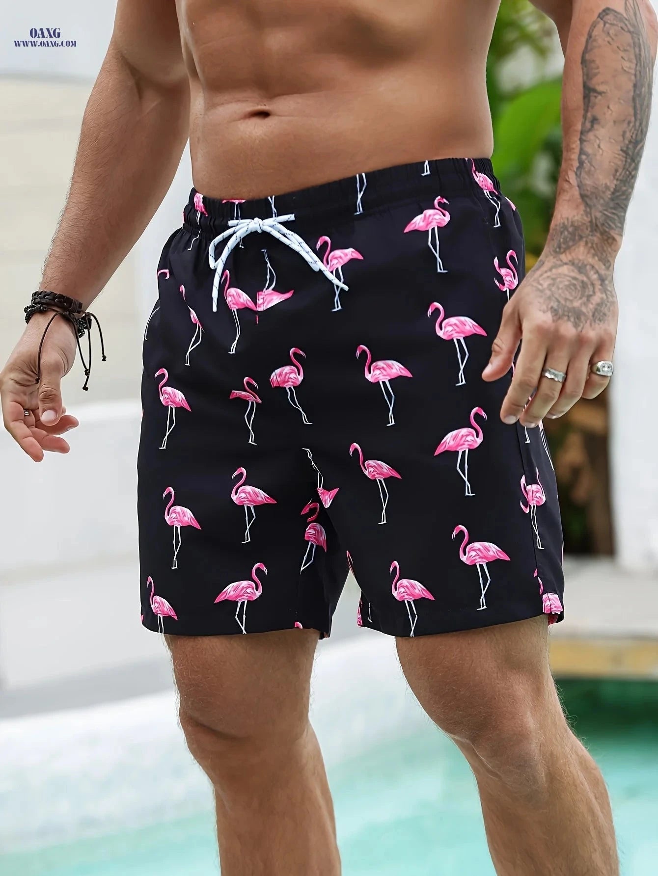Men's Flamingo Print Gradient Beach Shorts - Casual Drawstring Style   OAXG 