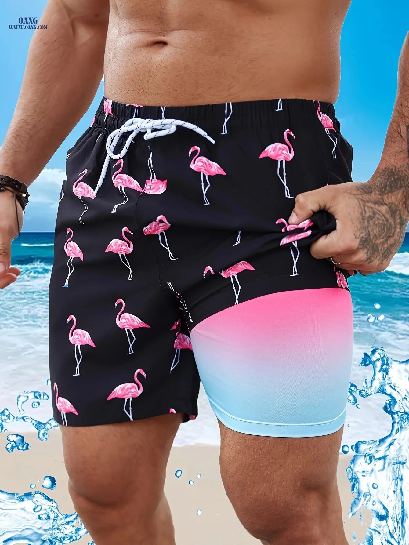 Men's Flamingo Print Gradient Beach Shorts - Casual Drawstring Style   OAXG Black / FR S