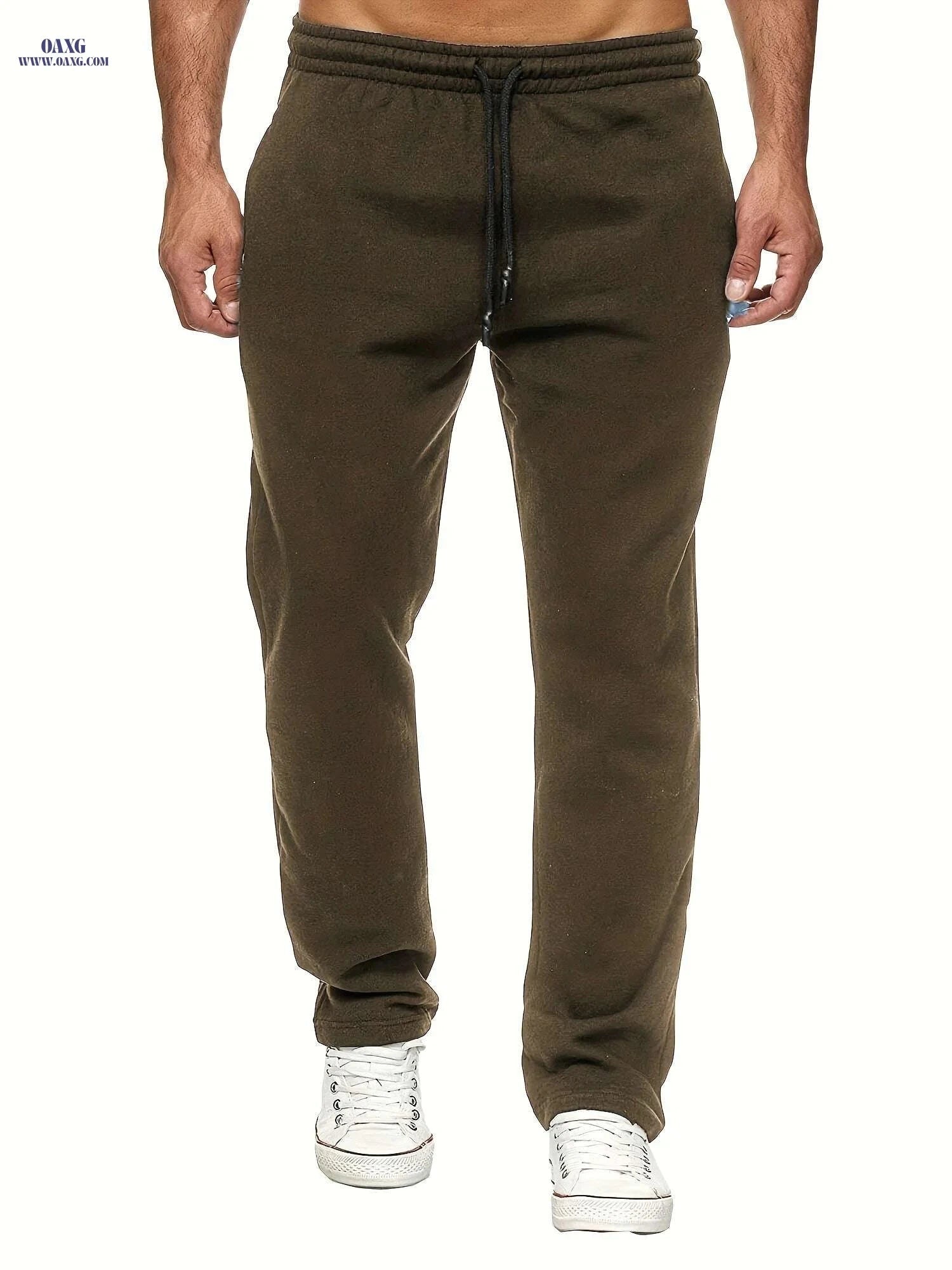 Men's Fleece-Lined Joggers - Solid Color, Comfortable Fit, Casual Style   OAXG 