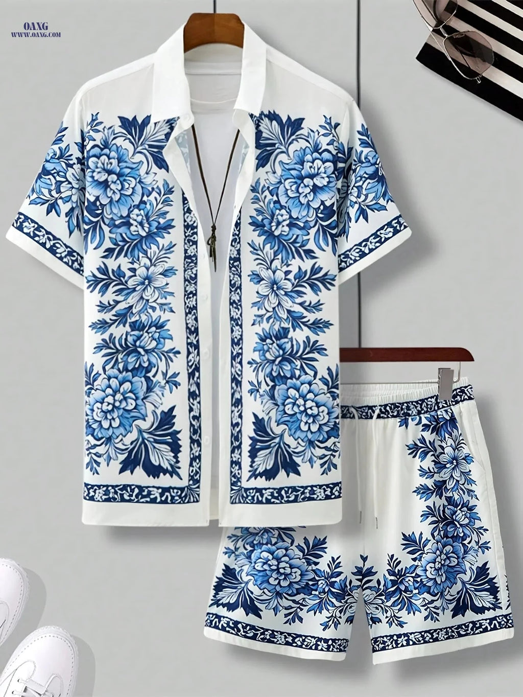 Men's Floral Casual Set - 2pcs Shirt and Athletic Shorts for Summer   OAXG 