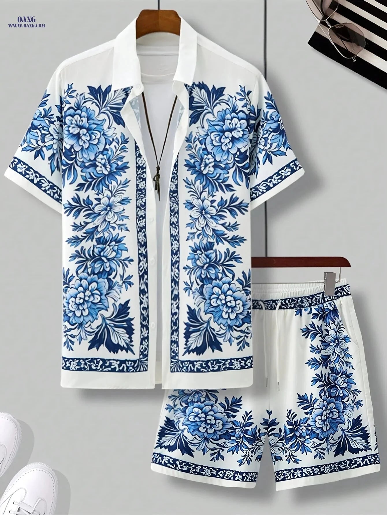 Men's Floral Casual Set - 2pcs Shirt and Athletic Shorts for Summer   OAXG 