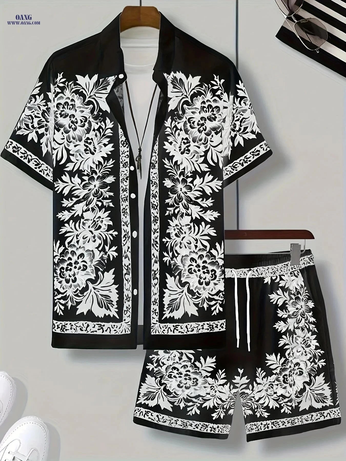 Men's Floral Casual Set - 2pcs Shirt and Athletic Shorts for Summer   OAXG 