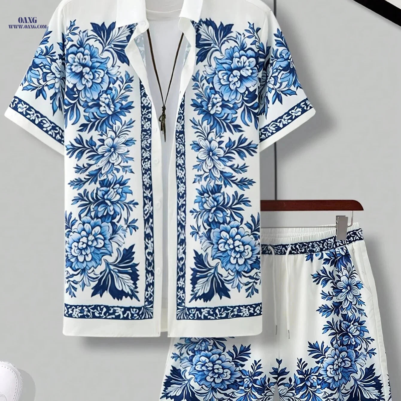 Men's Floral Casual Set - 2pcs Shirt and Athletic Shorts for Summer   OAXG White / FR S
