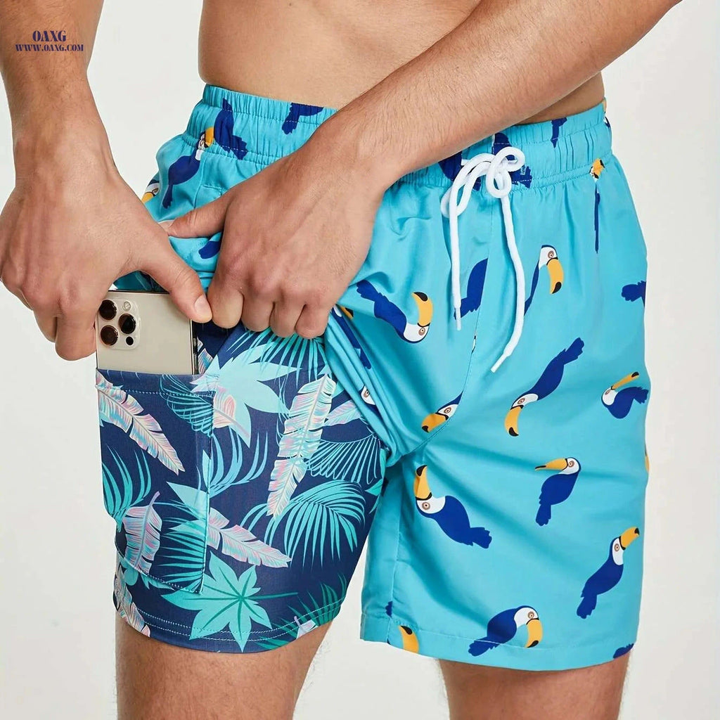 Men's Floral Pattern 2-in-1 Double Layer Shorts - Zipper Pocket Included   OAXG 