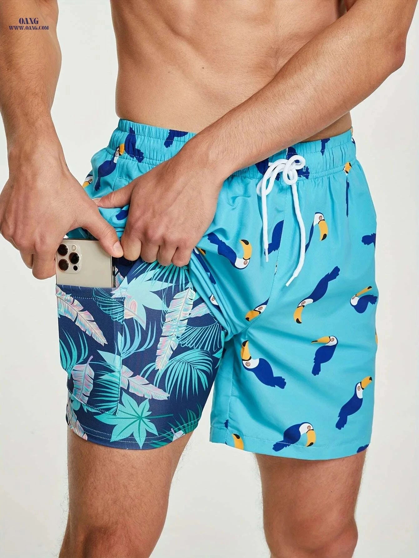 Men's Floral Pattern 2-in-1 Double Layer Shorts - Zipper Pocket Included   OAXG Sky Blue / M