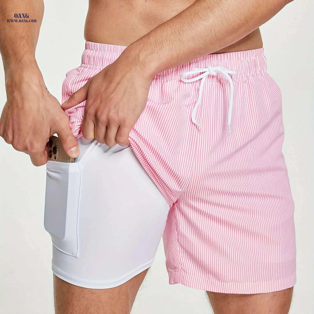 Men's Floral Pattern 2-in-1 Double Layer Shorts - Zipper Pocket Included   OAXG Sky Blue / M