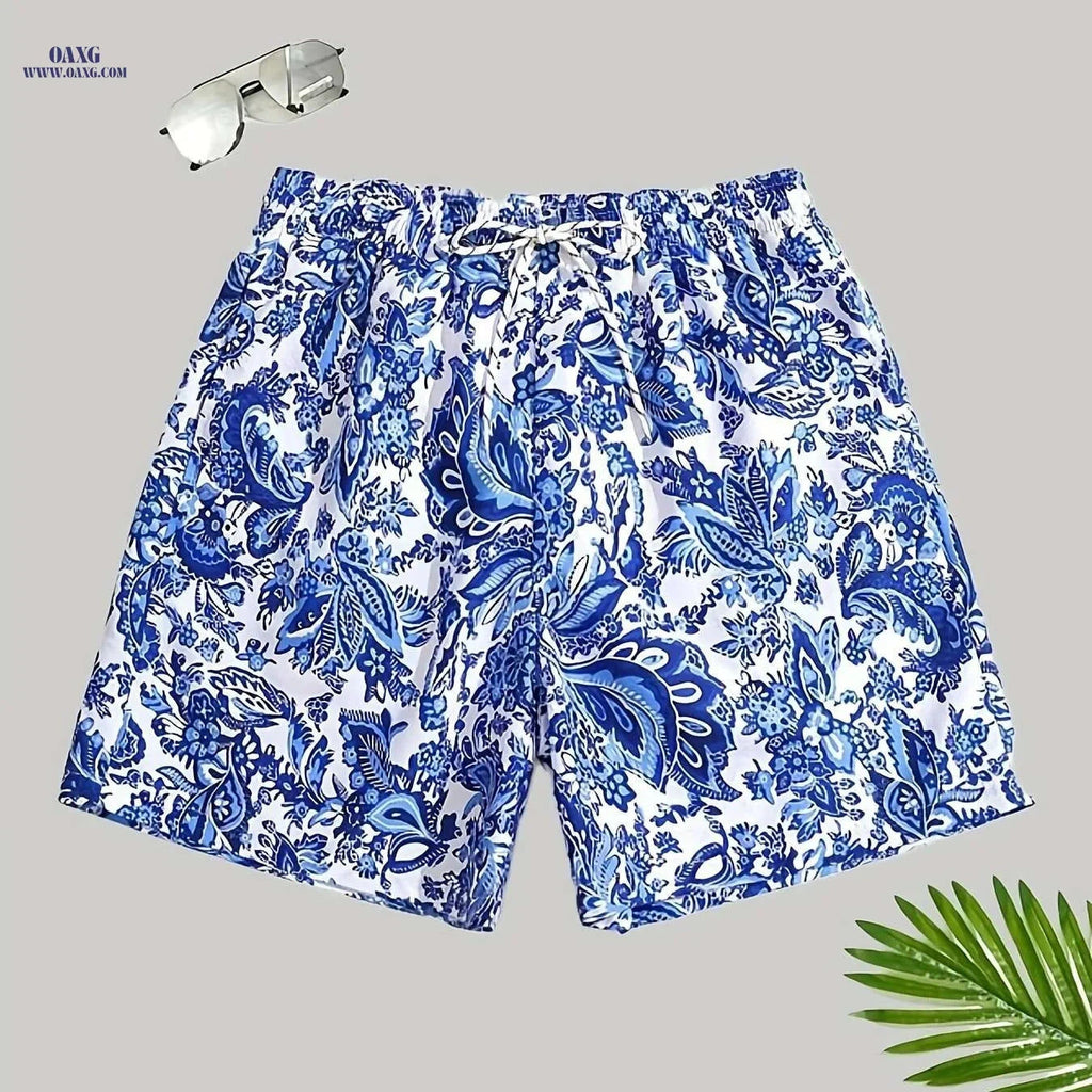 Men's Floral Print Beach Shorts - Casual Swim Trunks with Drawstring   OAXG White & flower / XS
