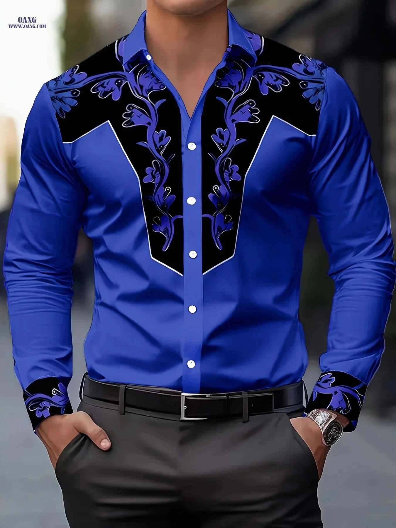Men's Floral Print Shirt - Casual Faux Denim Style for All Seasons   OAXG 