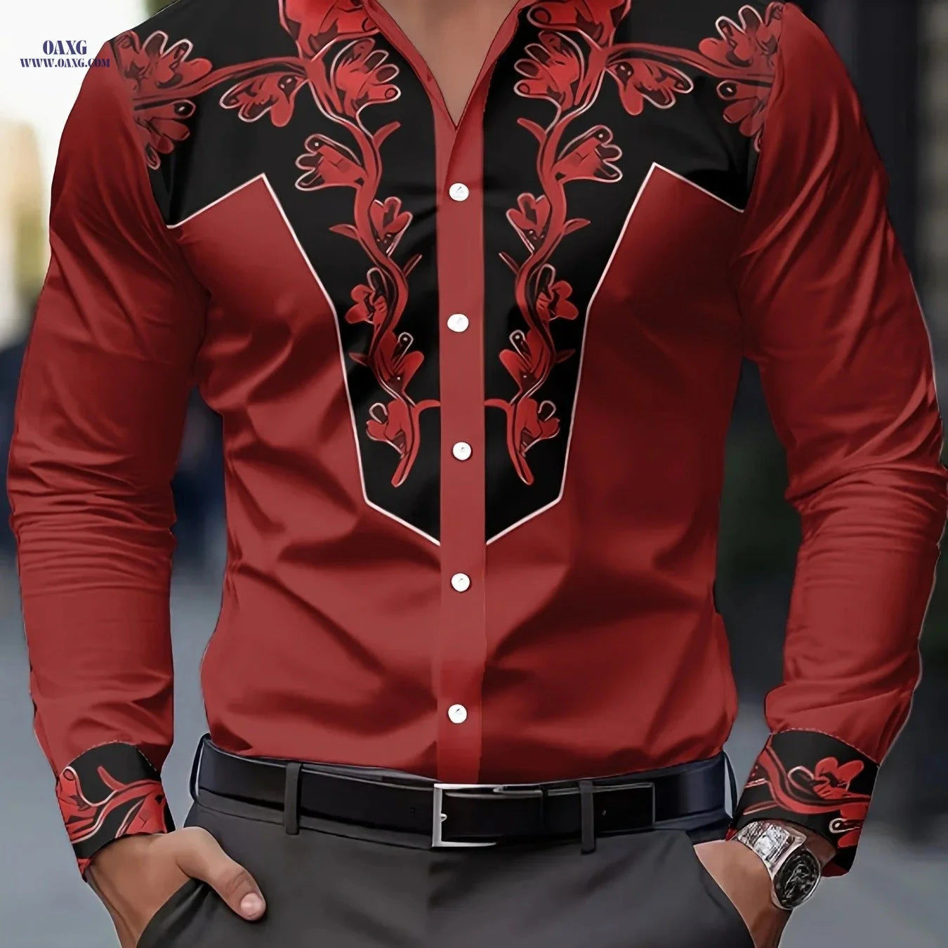 Men's Floral Print Shirt - Casual Faux Denim Style for All Seasons   OAXG 