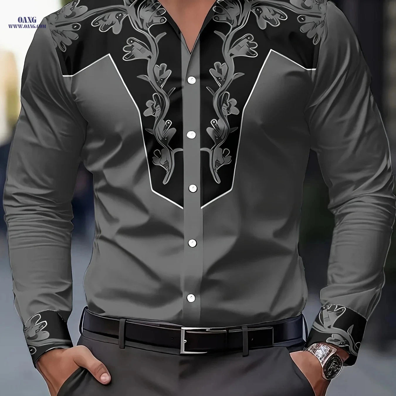 Men's Floral Print Shirt - Casual Faux Denim Style for All Seasons   OAXG Blue / FR S