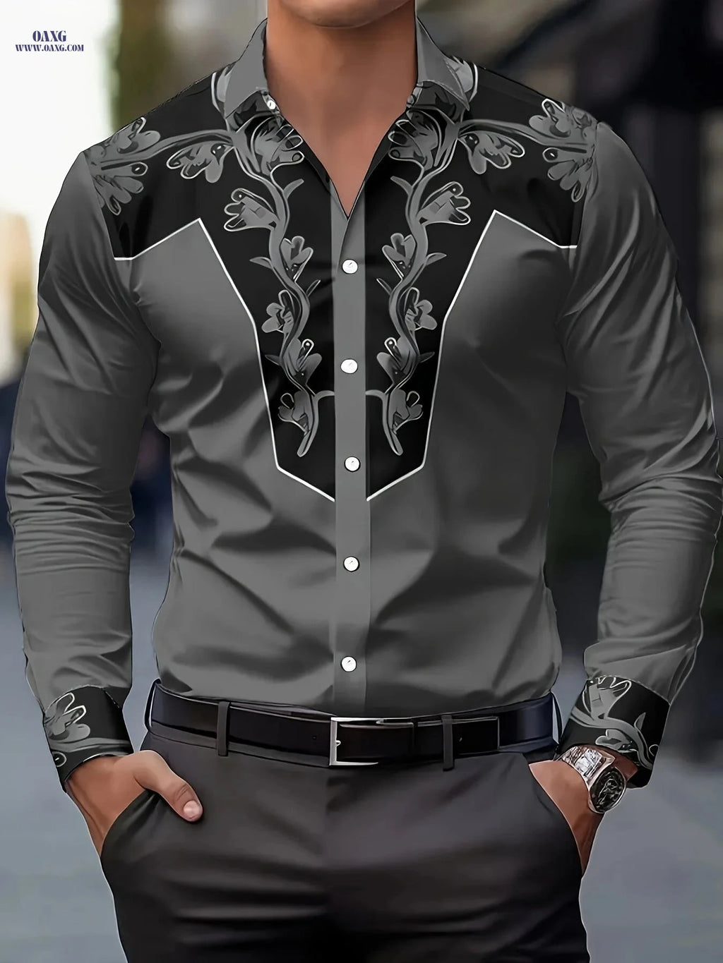 Men's Floral Print Shirt - Casual Faux Denim Style for All Seasons   OAXG Blue / FR S