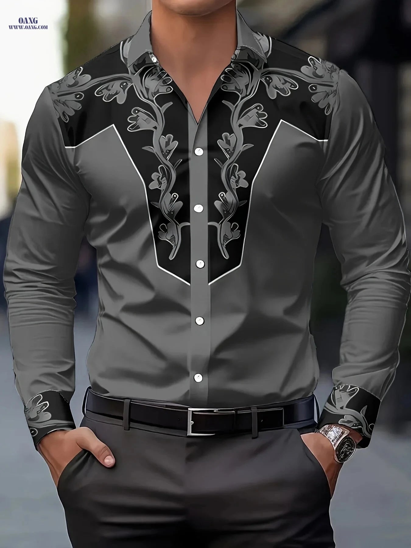 Men's Floral Print Shirt - Casual Faux Denim Style for All Seasons   OAXG Blue / FR S