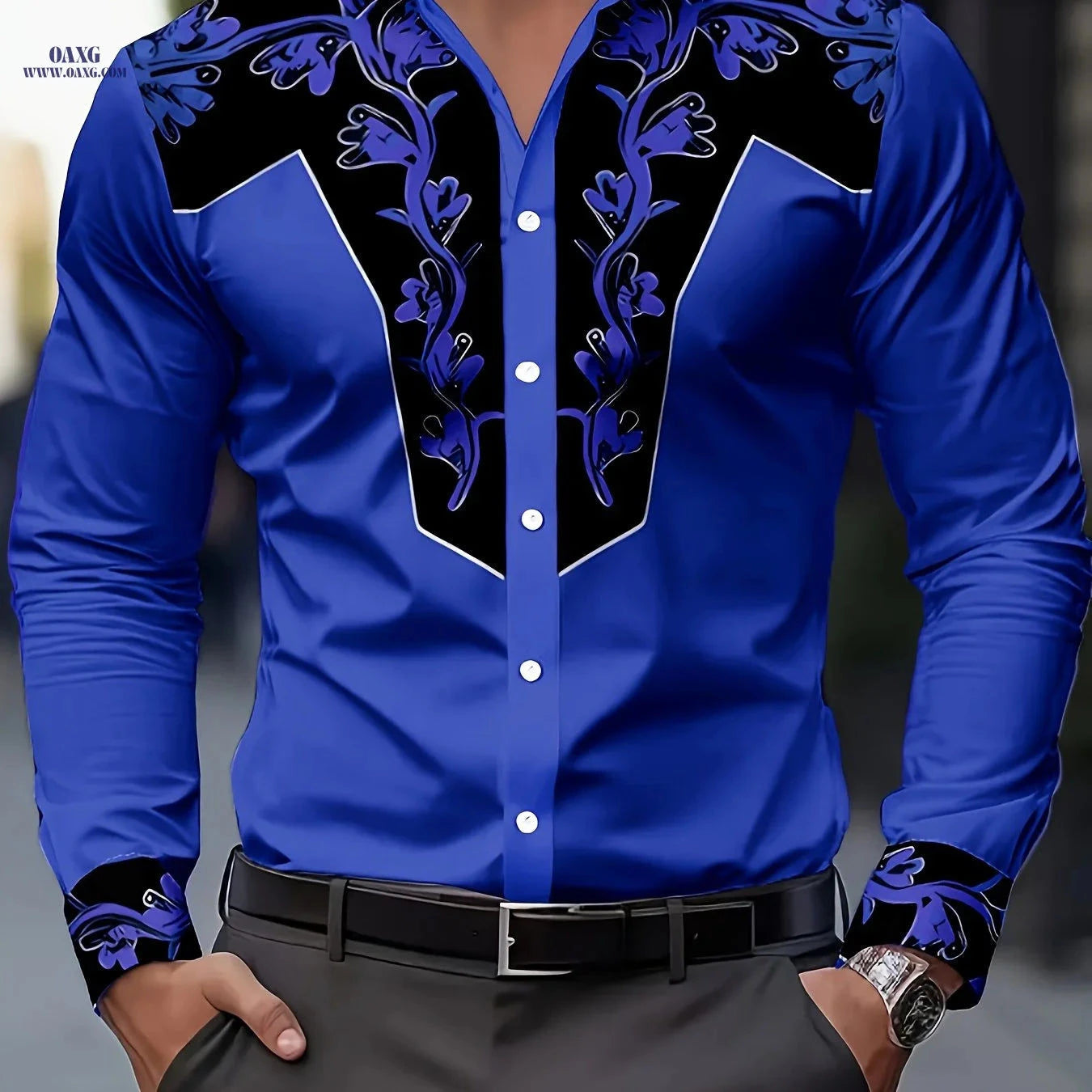 Men's Floral Print Shirt - Casual Faux Denim Style for All Seasons   OAXG Blue / FR S