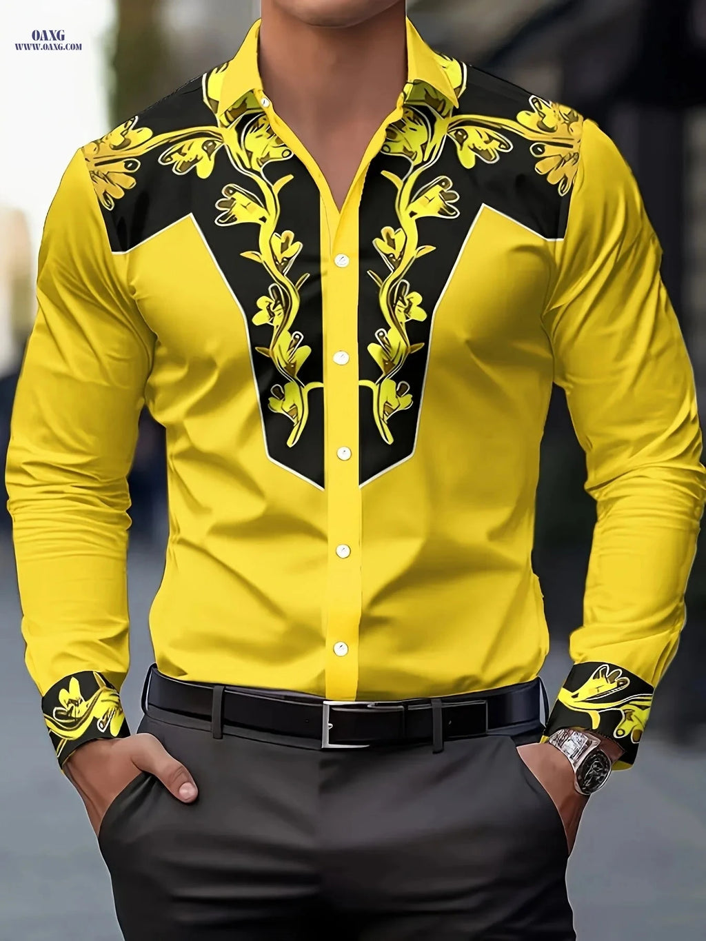 Men's Floral Print Shirt - Casual Faux Denim Style for All Seasons   OAXG 
