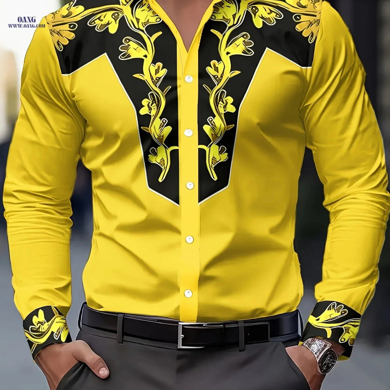 Men's Floral Print Shirt - Casual Faux Denim Style for All Seasons   OAXG 