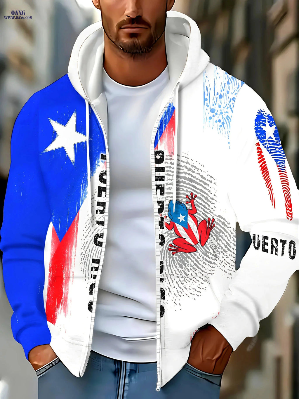 Men's Frog Print Long Sleeve Zipper Hoodie - Stylish Casual Jacket   OAXG Blue / FR L