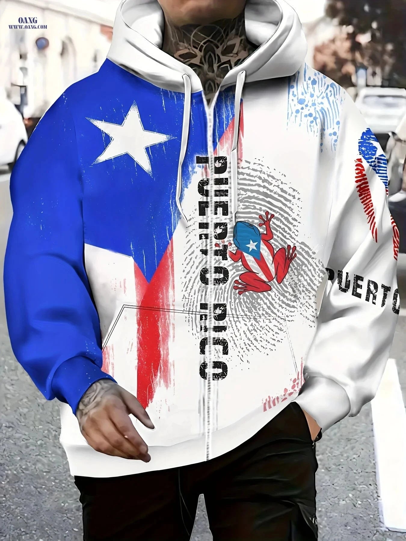 Men's Frog Print Long Sleeve Zipper Hoodie - Stylish Casual Jacket   OAXG Blue / FR L