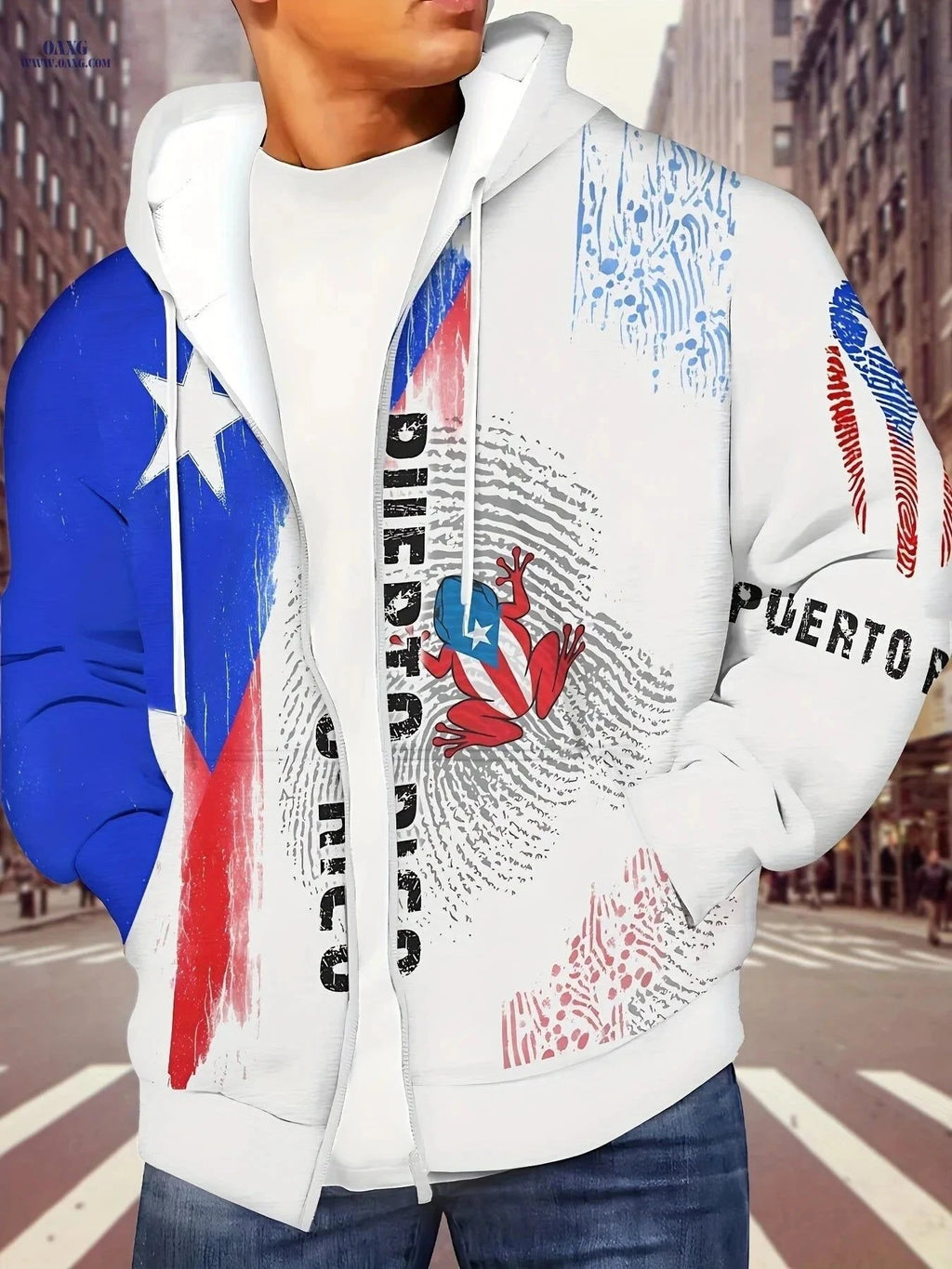 Men's Frog Print Long Sleeve Zipper Hoodie - Stylish Casual Jacket   OAXG Blue / FR L