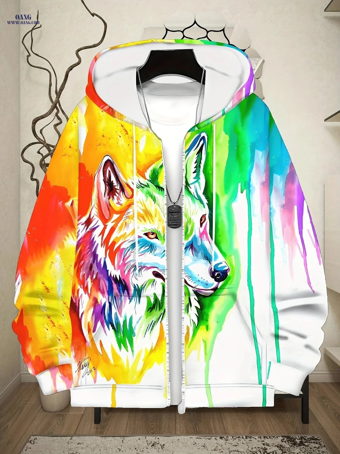 Men's Full-Zip Hooded Jacket - Wolf Graphic Casual Outerwear   OAXG 【Multicolor】 / FR M