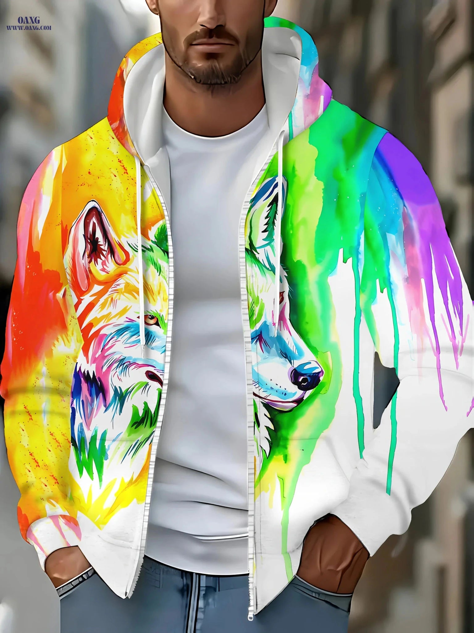 Men's Full-Zip Hooded Jacket - Wolf Graphic Casual Outerwear   OAXG 【Multicolor】 / FR M