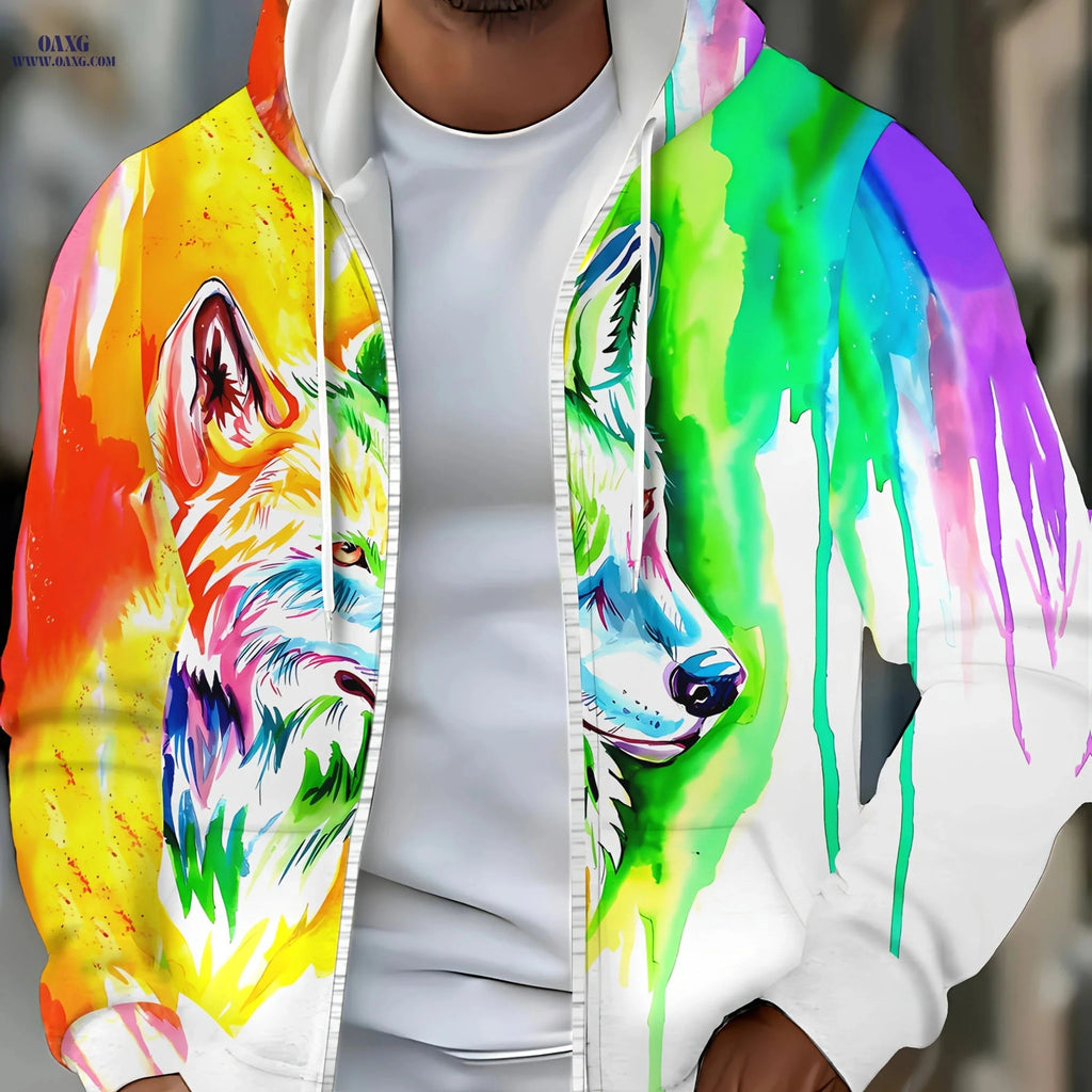 Men's Full-Zip Hooded Jacket - Wolf Graphic Casual Outerwear   OAXG 【Multicolor】 / FR M