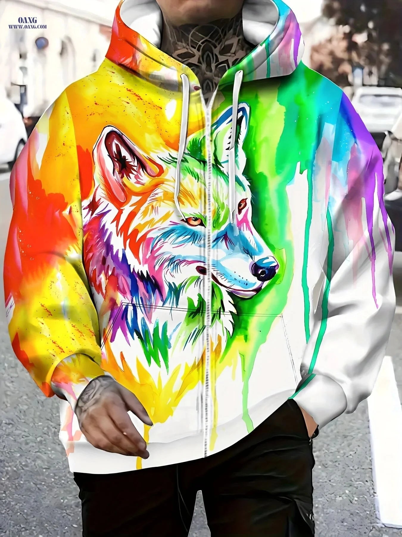 Men's Full-Zip Hooded Jacket - Wolf Graphic Casual Outerwear   OAXG 