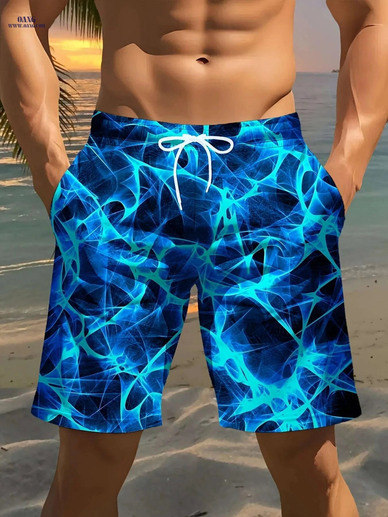 Men's Geometric 3D Print Beach Shorts - Lightweight Casual Summer Wear   OAXG Blue / S