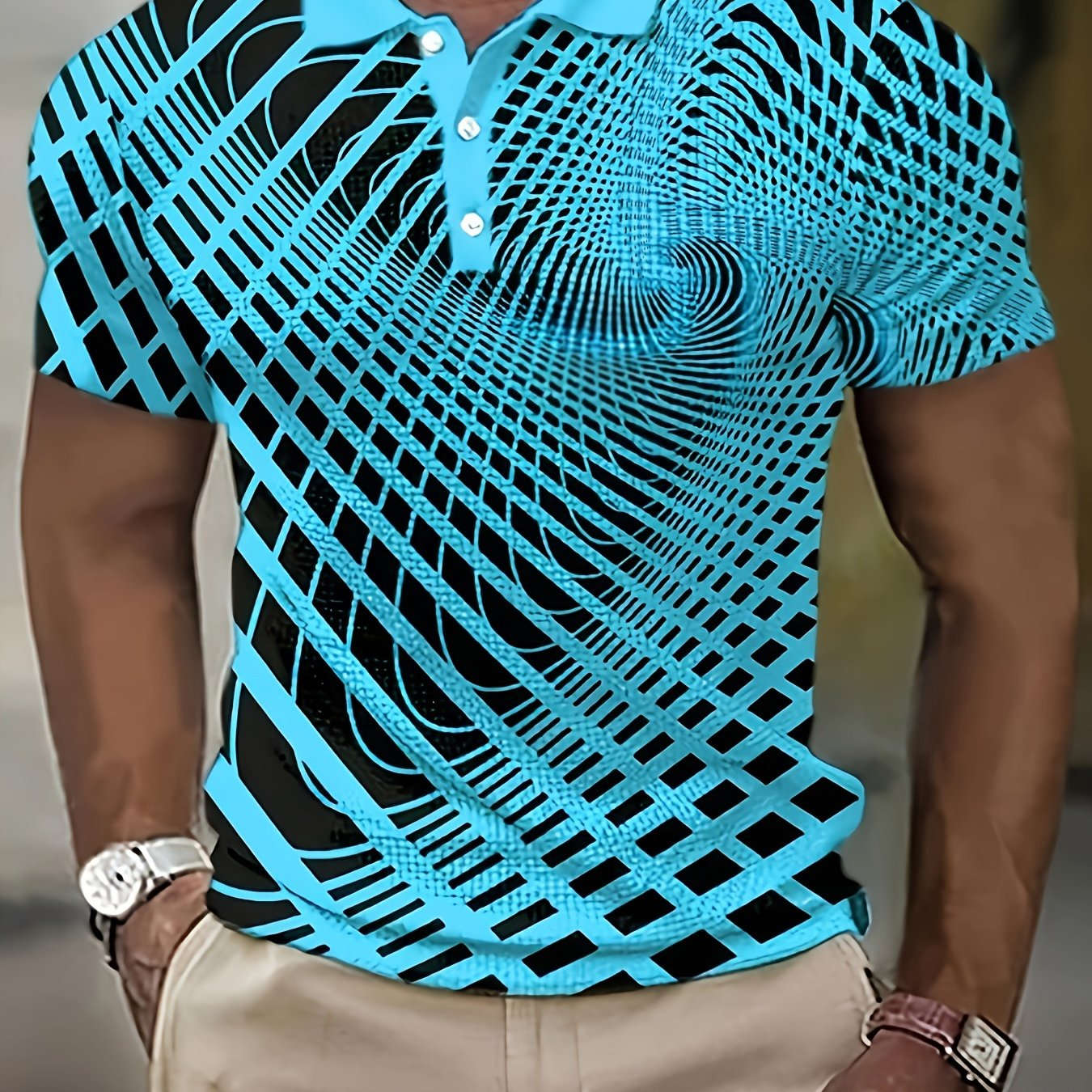 Men's Geometric 3D Print Short-Sleeve Button-Up Shirt - Casual Style   OAXG Sky Blue / FR M