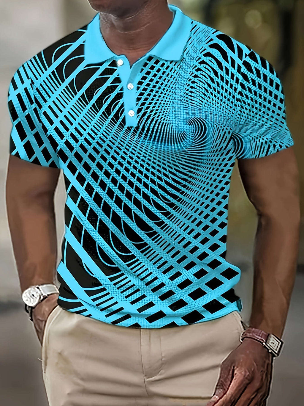 Men's Geometric 3D Print Short-Sleeve Button-Up Shirt - Casual Style   OAXG Sky Blue / FR M