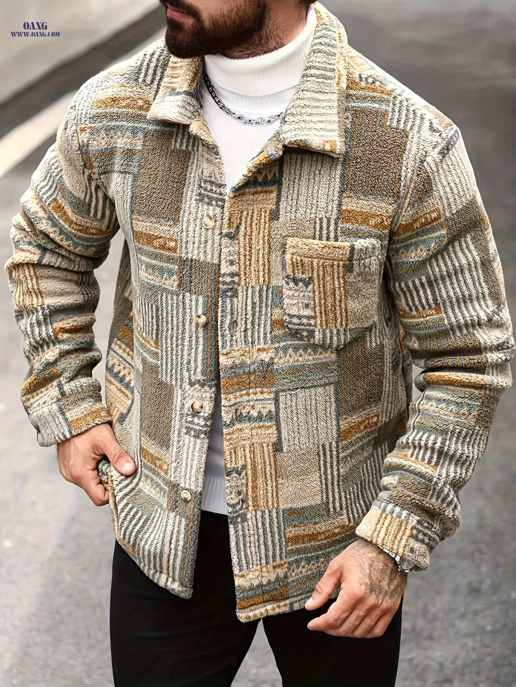 Men's Geometric Pattern Fleece Jacket - Casual Long-Sleeved Style   OAXG 