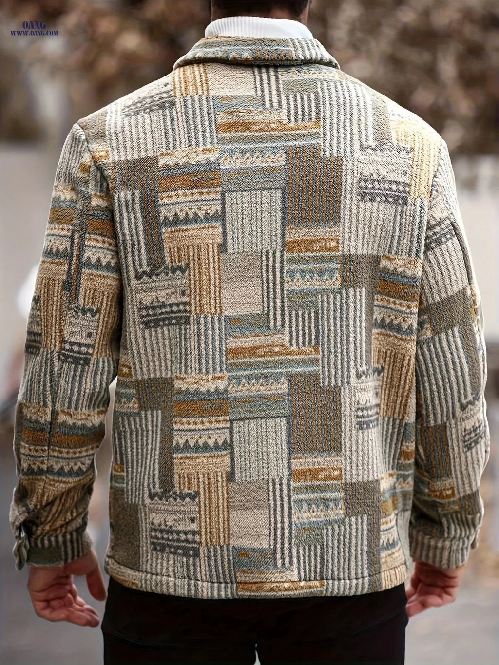 Men's Geometric Pattern Fleece Jacket - Casual Long-Sleeved Style   OAXG 