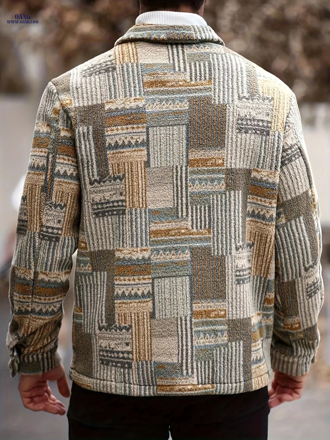 Men's Geometric Pattern Fleece Jacket - Casual Long-Sleeved Style   OAXG 