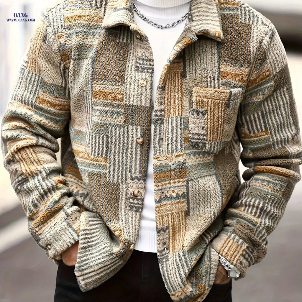 Men's Geometric Pattern Fleece Jacket - Casual Long-Sleeved Style   OAXG Multicolor / FR S