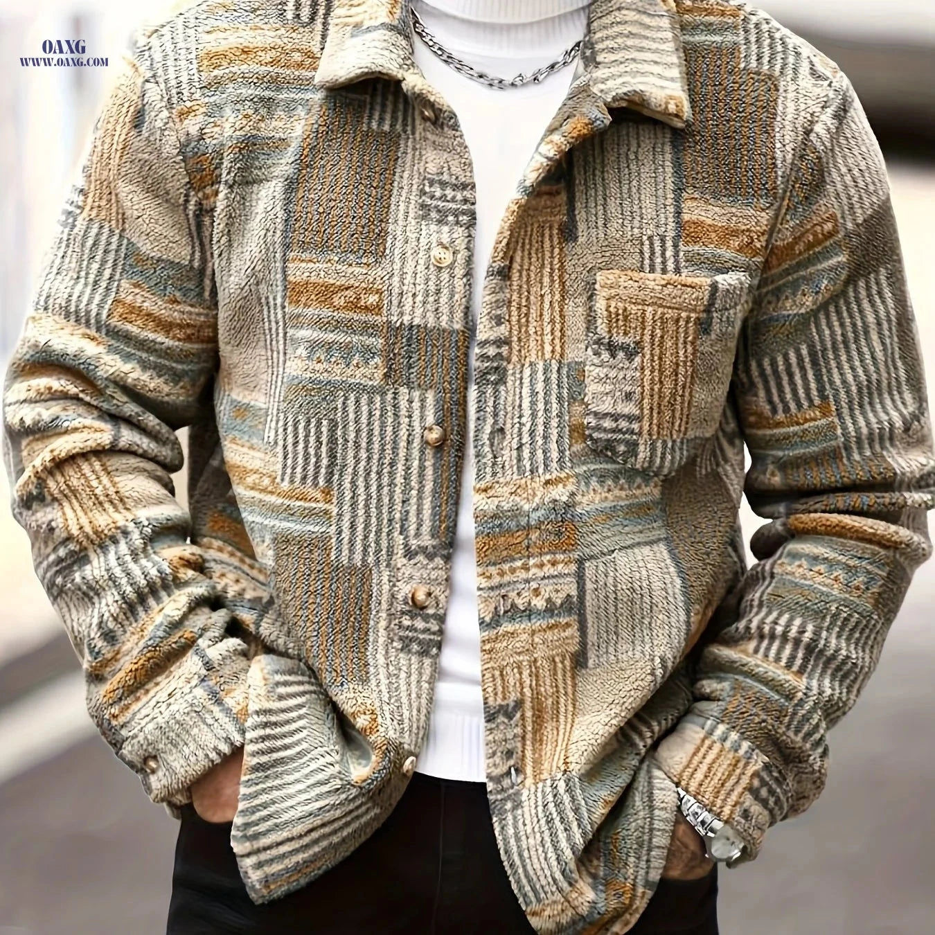 Men's Geometric Pattern Fleece Jacket - Casual Long-Sleeved Style   OAXG Multicolor / FR S