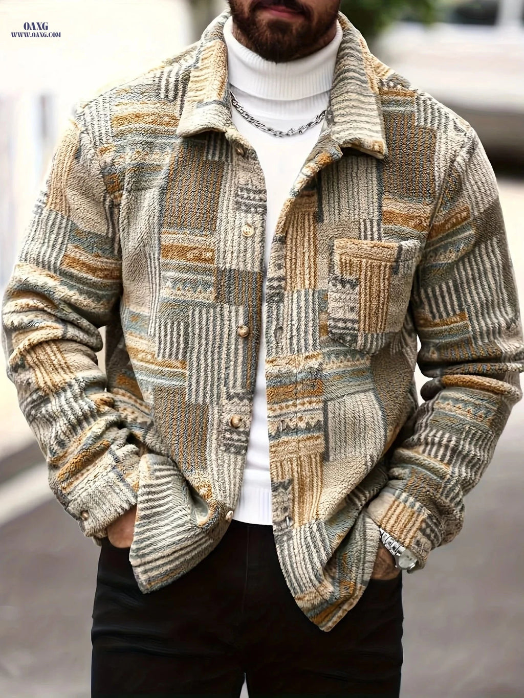 Men's Geometric Pattern Fleece Jacket - Casual Long-Sleeved Style   OAXG Multicolor / FR S