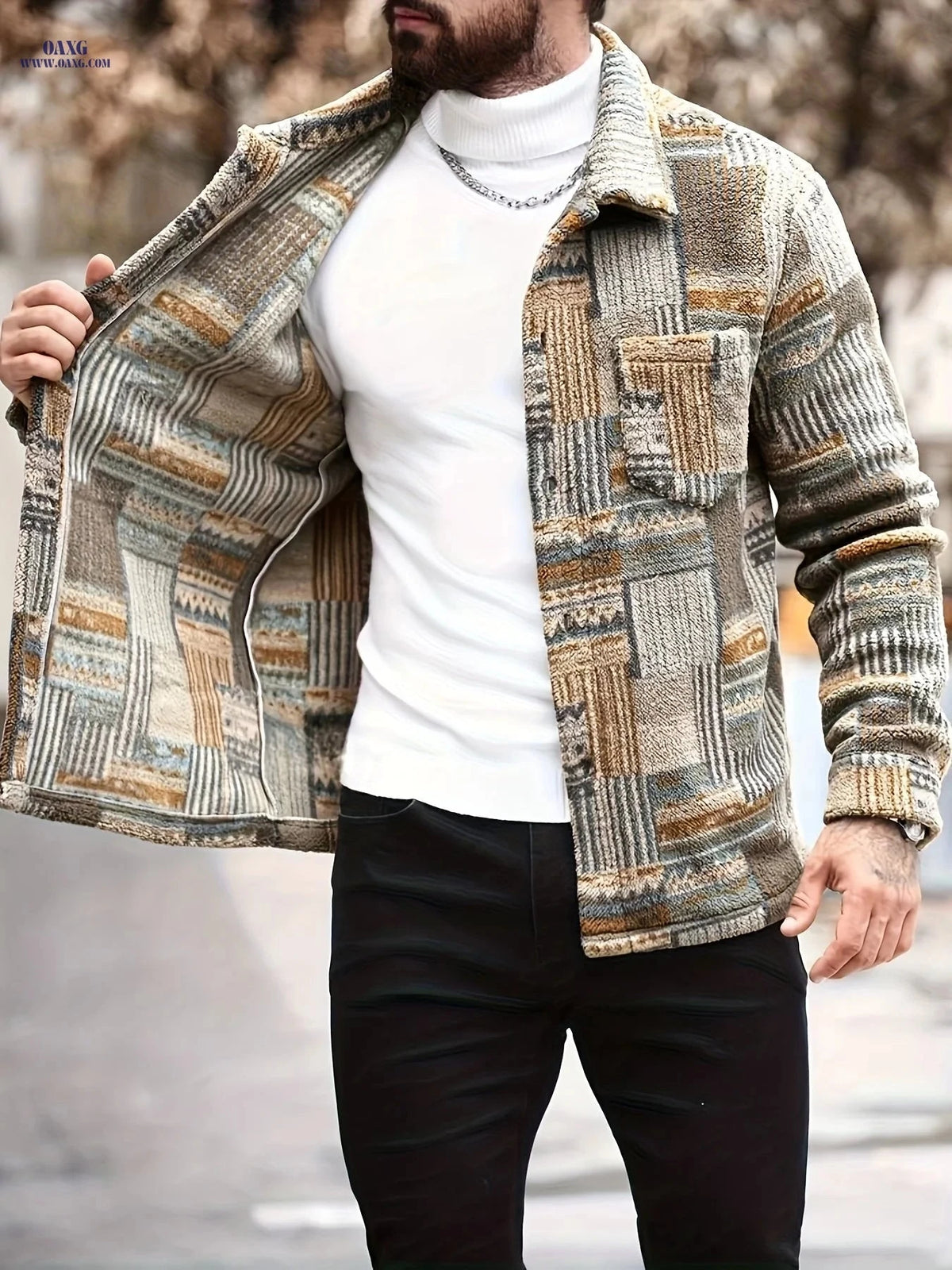 Men's Geometric Pattern Fleece Jacket - Casual Long-Sleeved Style   OAXG Multicolor / FR S