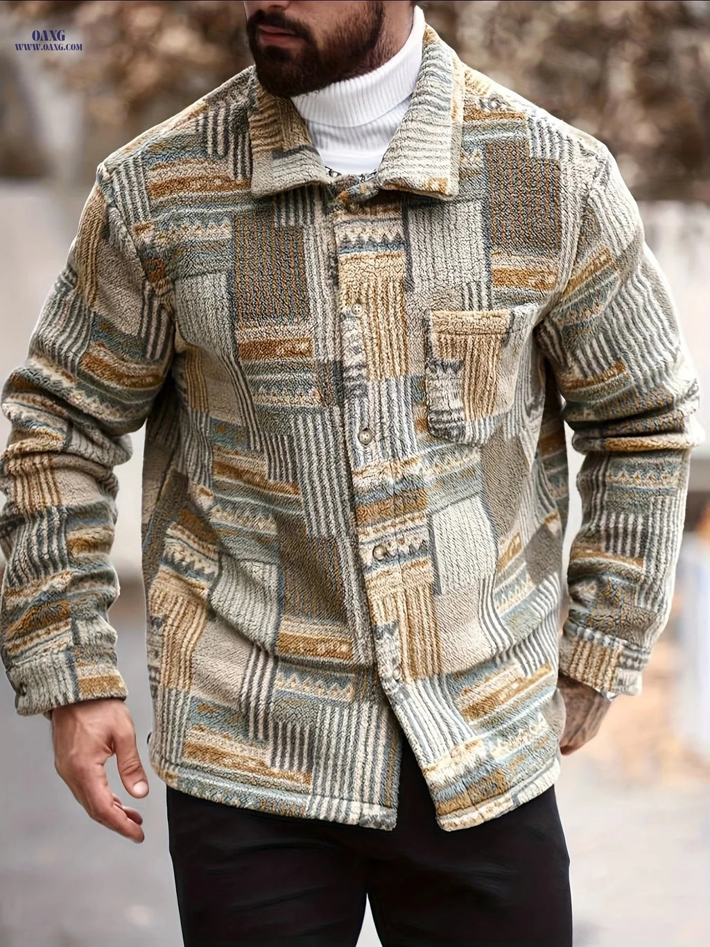 Men's Geometric Pattern Fleece Jacket - Casual Long-Sleeved Style   OAXG Multicolor / FR S
