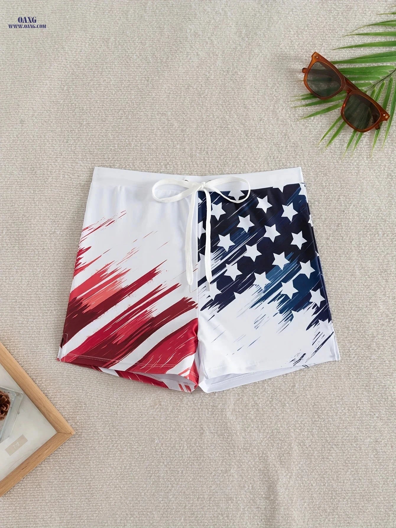 Men's Geometric Pattern Swim Trunks - Red, White & Blue Drawstring   OAXG 