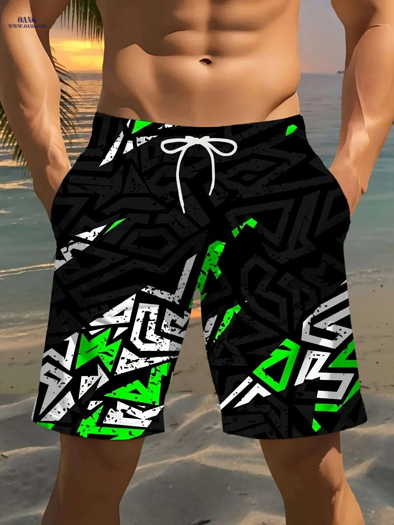Men’s Geometric Print Beach Shorts - Lightweight, Drawstring Design   OAXG 