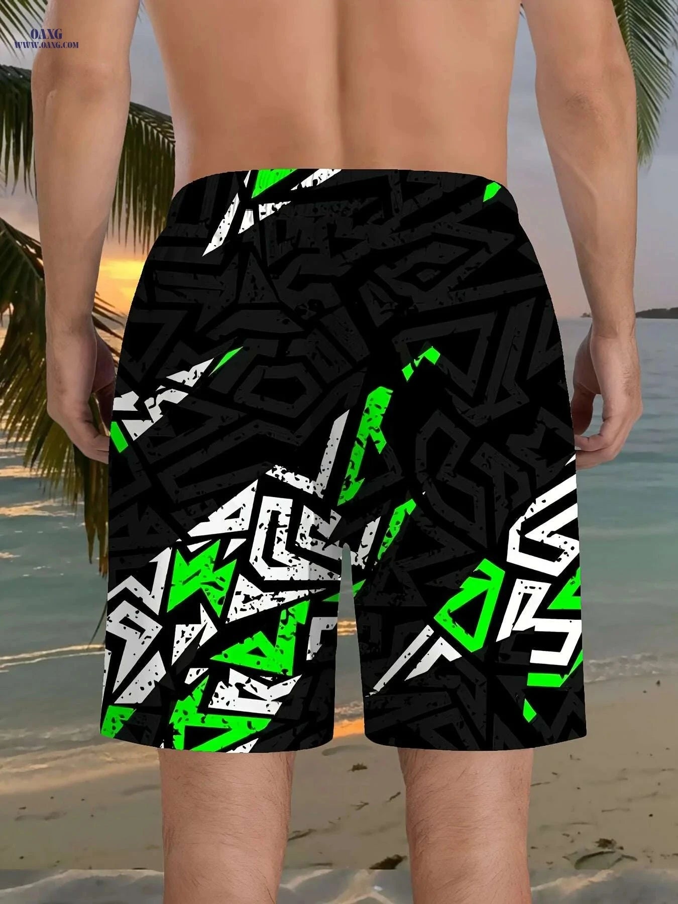 Men’s Geometric Print Beach Shorts - Lightweight, Drawstring Design   OAXG 
