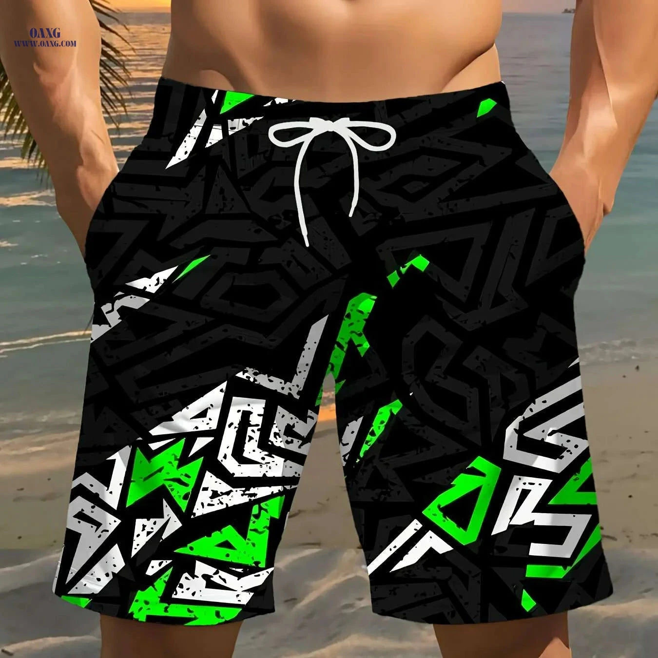 Men’s Geometric Print Beach Shorts - Lightweight, Drawstring Design   OAXG Mixed Color / S