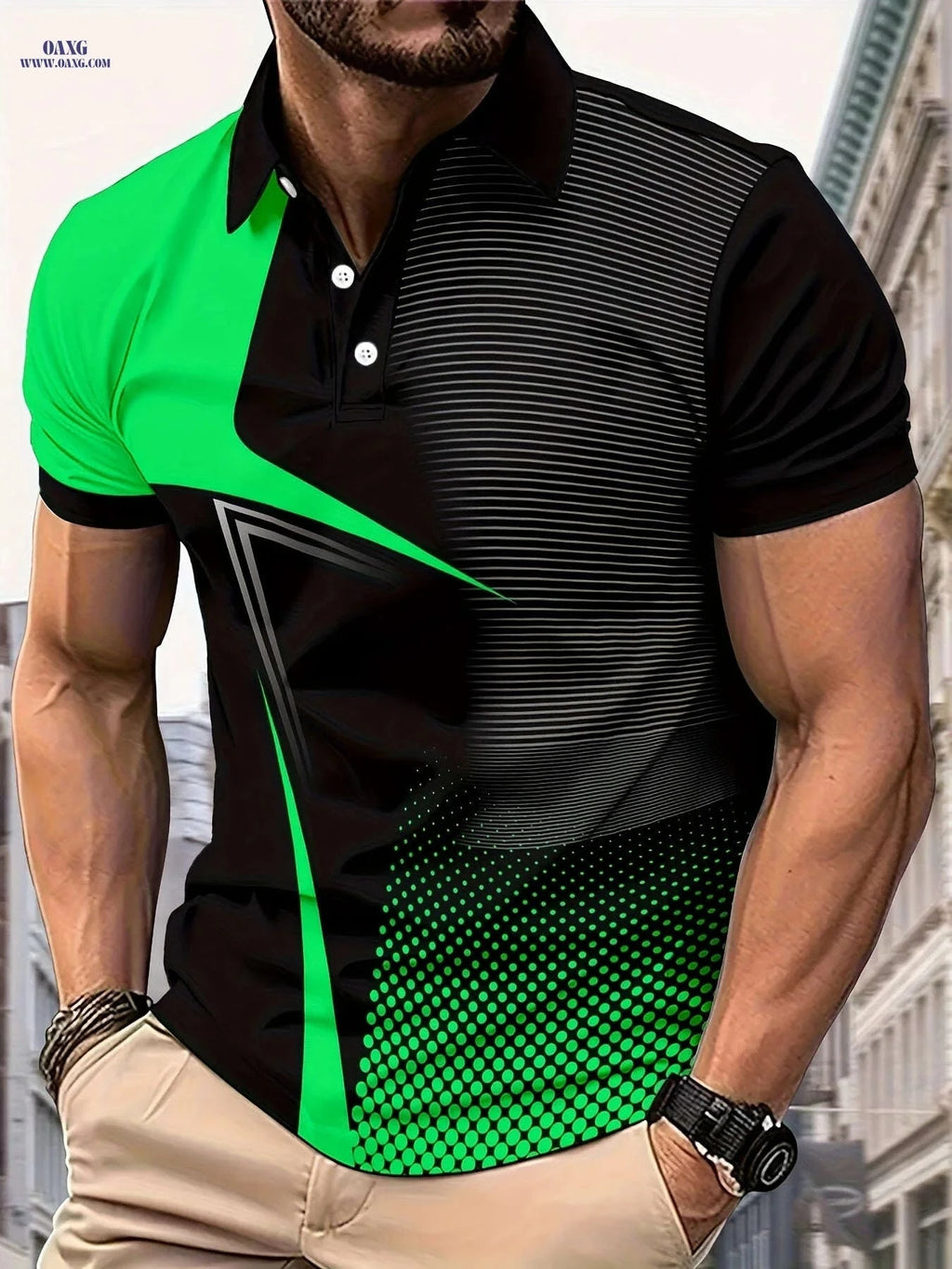 Men's Geometric Print Golf Shirt - Short Sleeve Casual Top   OAXG 