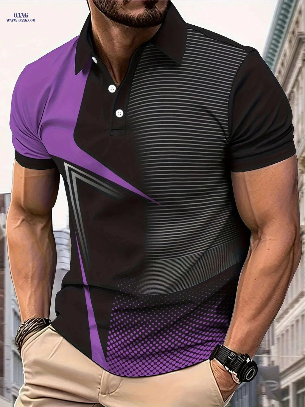 Men's Geometric Print Golf Shirt - Short Sleeve Casual Top   OAXG Red / FR M