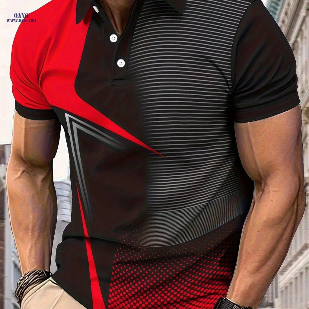 Men's Geometric Print Golf Shirt - Short Sleeve Casual Top   OAXG 