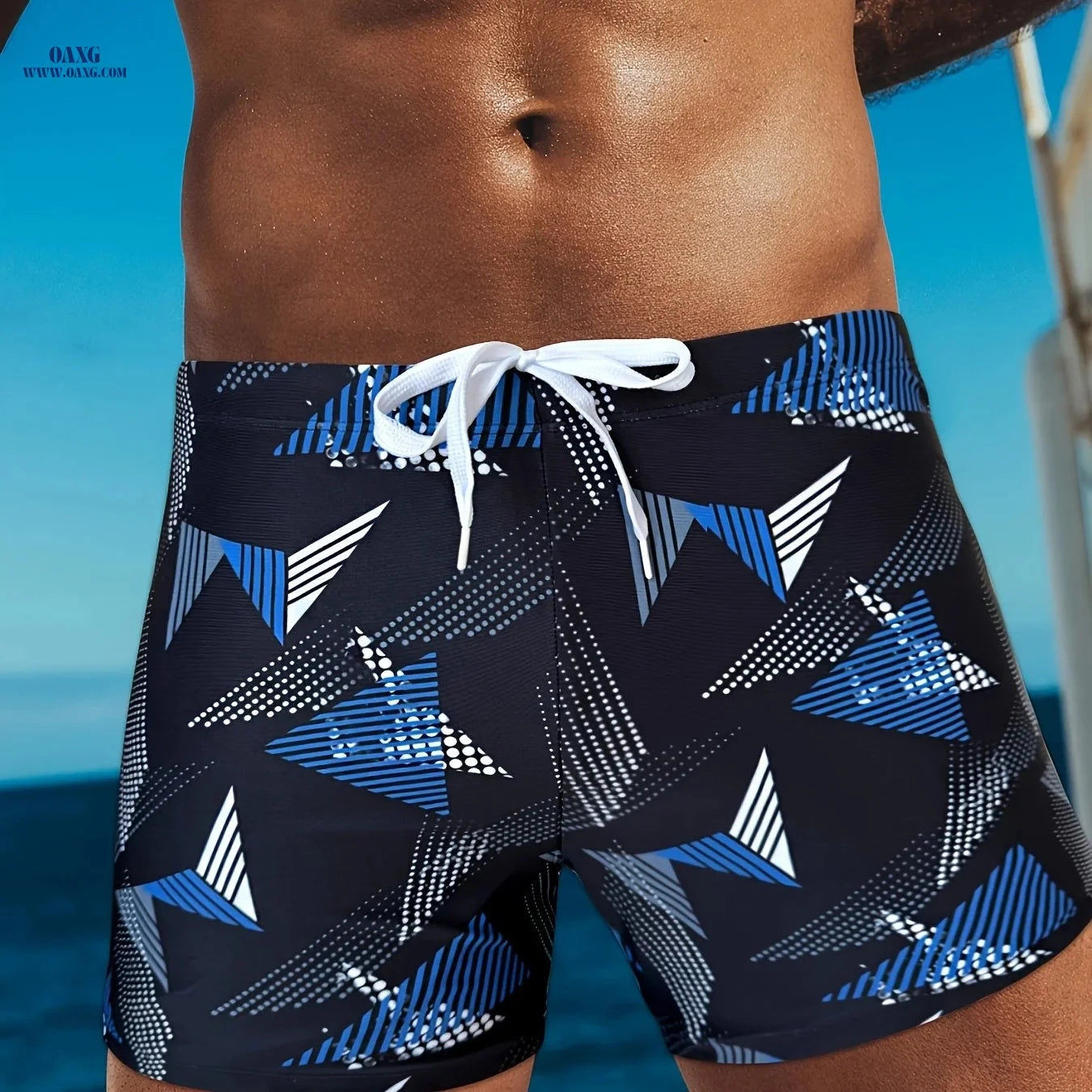 Men's Geometric Quick-Dry Swim Trunks - Breathable, Adjustable Fit   OAXG 