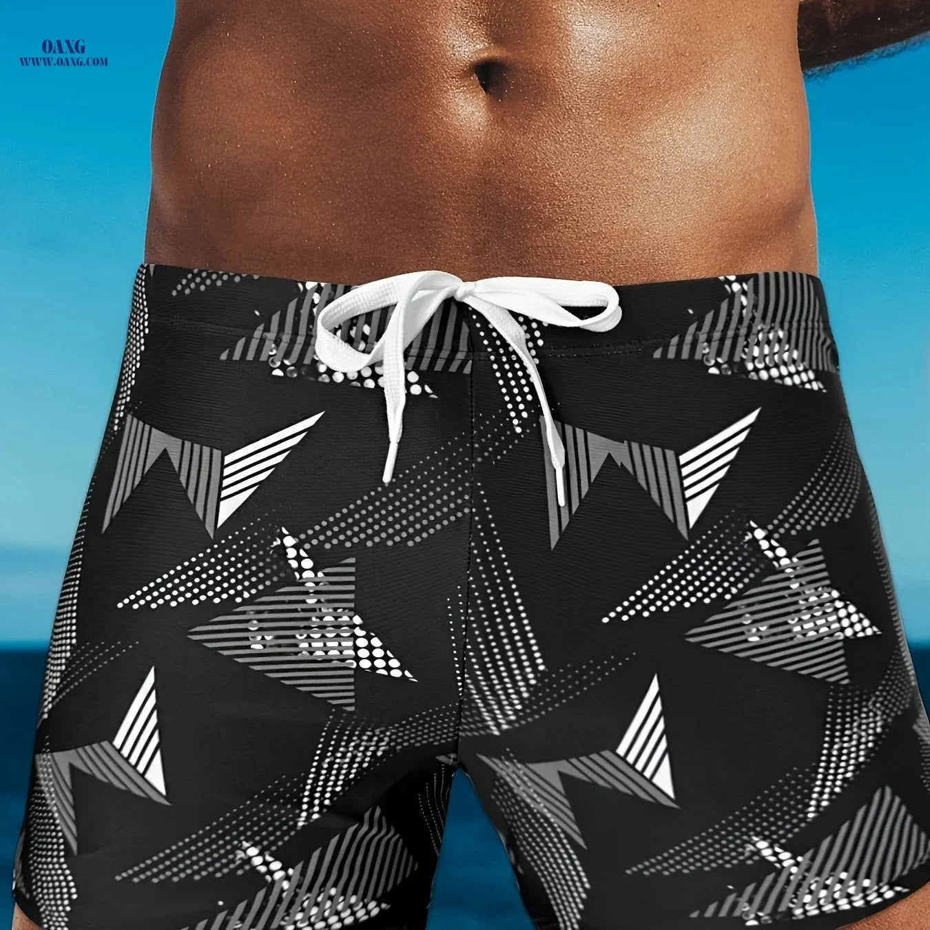 Men's Geometric Quick-Dry Swim Trunks - Breathable, Adjustable Fit   OAXG 